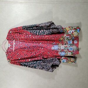 05195 Umgee red and mulit-color floral and animal print ruana jacket M/L